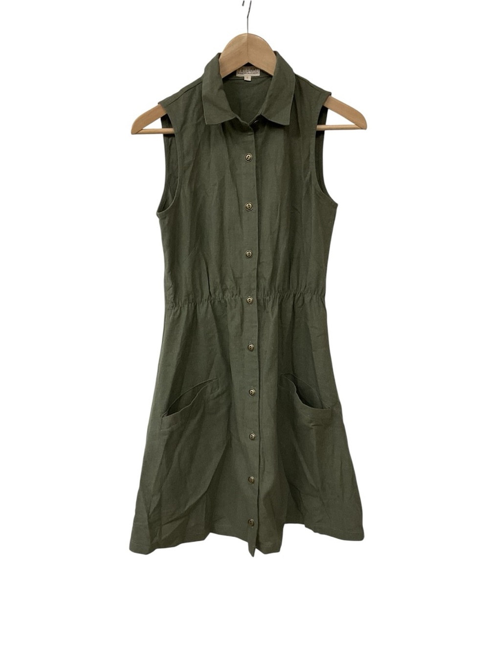Field Day Green Olive Button Up Sleeveless Linen Rayon Dress S